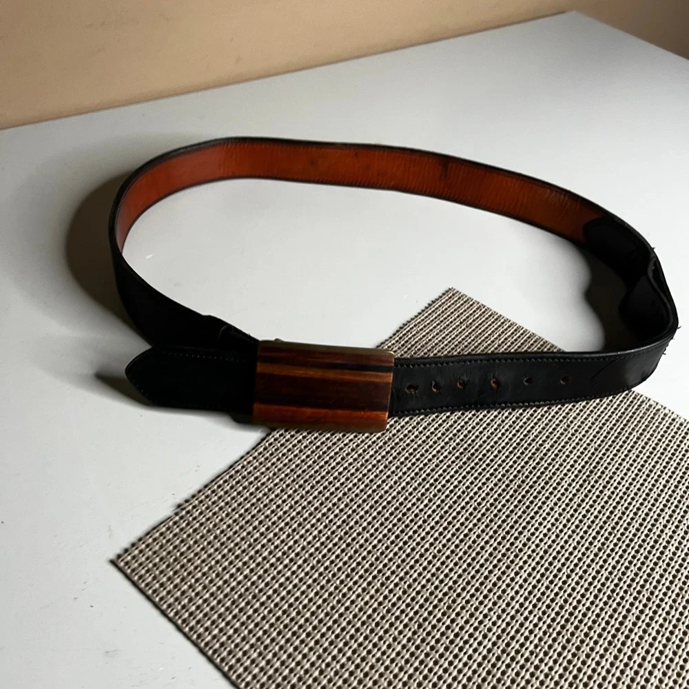 Kenneth Reid Albuquerque Black Leather Belt Exotic Wood Inlay Buckle Artisan